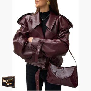 Faux Leather Motorcycle Jacket Women's Oversized Bomber Coat Retro Collar